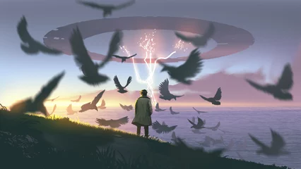 Fototapete A man stands by the sea as dark birds circle around and a massive floating ring crackles with lightning in the evening sky, digital art style, illustration painting © grandfailure