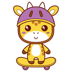 Cartoon Giraffe on Skateboard with Helmet on White Background