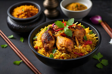 Delicious Spicy Chicken Biryani with Red Sauce in Black Bowl – Traditional Indian Cuisine