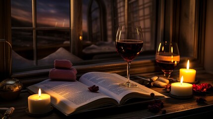 A photo of a bath tray with candles a book and a glasses