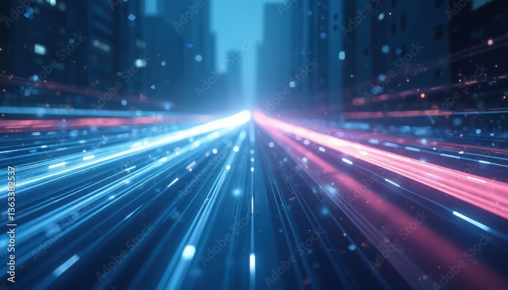 Poster abstract tech background with light trails in city. blue, red light beams on highway. modern tech il