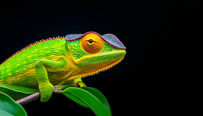 Obraz premium Vibrant green and yellow chameleon perched on a branch against a black background