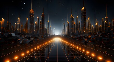Fototapeta premium Futuristic Cityscape with Glowing Lights and Reflections at Night
