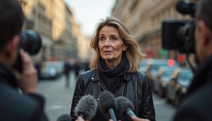Mature woman politician interviewed live at press conference on city street. Journalists with microphones and cameras record speech. Political event, news report, media coverage.