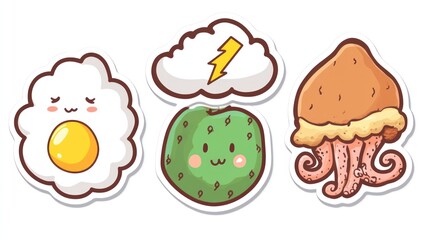 Fototapeta premium Cute food cartoon stickers egg, fruit, octopus; kids menu, recipe book