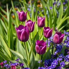 Fototapeta premium Deep purple and blue tulips and violets burst forth against vibrant green foliage, image, beautiful, stock