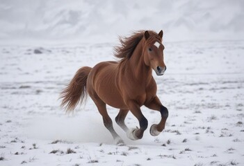 Obraz premium Icelandic horse running in snow-covered field, white horse, Icelandic horse