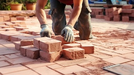 A photo of a bricklayer building a patio or walkway.