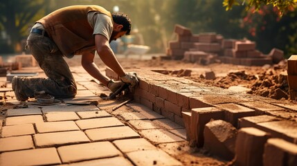 A photo of a bricklayer building a patio or walkway.