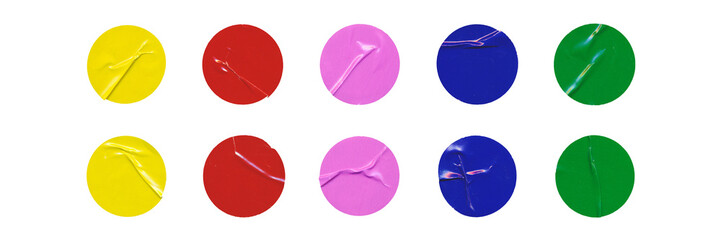 Big set of colorful glossy paper circles with creases, isolated blank round sticker on transparent background