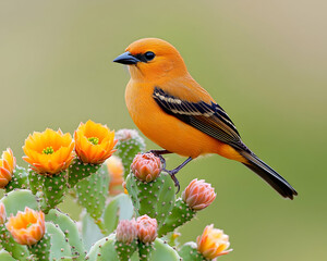 Fototapeta premium Vivid orange bird perched on a prickly pear cactus with blooming flowers