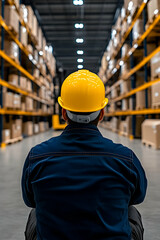 Warehouse worker in hardhat seated, facing rows of stacked cardboard boxes