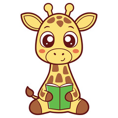 Cartoon Giraffe with Book Vector, Cute Animal Character Design on White Background