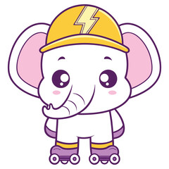 Obraz premium Cartoon Cute Elephant Wearing Yellow Helmet & Roller Skates on Transparent Background