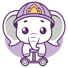 Cartoon Elephant with Helmet Riding Scooter on Transparent Background Icon Mascot