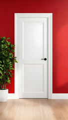 White door against a red wall, plant beside it