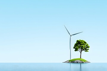Wind turbine and tree on a small island in calm blue sea, representing clean energy and environmental sustainability