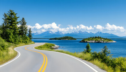 Winding coastal highway curves past islands and mountains under a bright blue sky