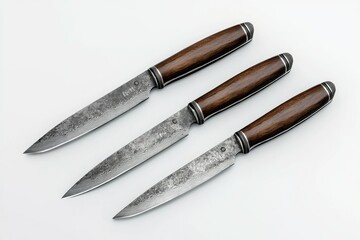 Arrangement of Three Handmade Kitchen Paring Knives with Dark Wood Handles
