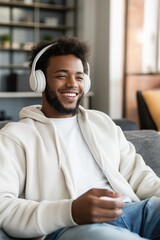 Naklejka premium A young man wearing white headphones