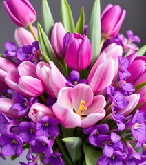 Obraz premium Pastel purple tulips & violets in a whimsical spring bouquet, springtime, flower photography, arrangement