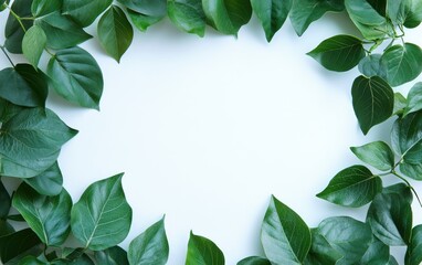 Naklejka premium Green Leaves Border on White Background Nature Frame Concept