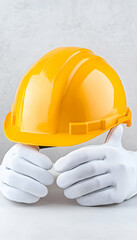 Yellow hard hat cradled by white work gloves on a light surface
