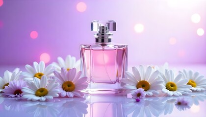 A studio shot of a perfume bottle with a faceted glass design, placed on a reflective surface amidst a scattering of white and purple daisy flowers