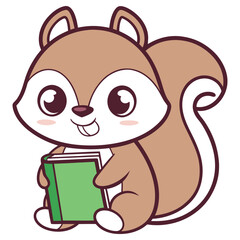 Cartoon Squirrel Holds Book with Smile Isolated on Transparent Background