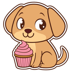 Smiling Cartoon Tan Dog with Cupcake on Transparent Background