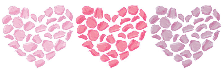 Handmade mother of pearl watercolor rose petals. Vector romantic heart design of isolated pink, red, lilac rose flower petals. For love cards, greetings, weddings, Valentine's Day. Wall sticker, cover