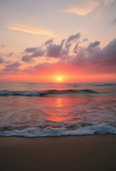 Sunset over tranquil ocean beach, gentle waves lapping shore, blue, travel, peaceful