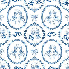 Seamless vector pattern in blue with linear graphics, reflecting the 2025 trend. Features whimsical festive glasses in ornate frames and bows on a white background. 