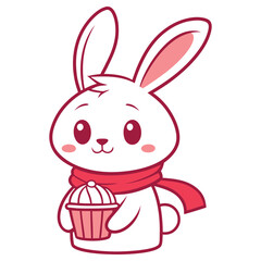 Cartoon White Bunny with Cupcake and Pink Scarf on White Background