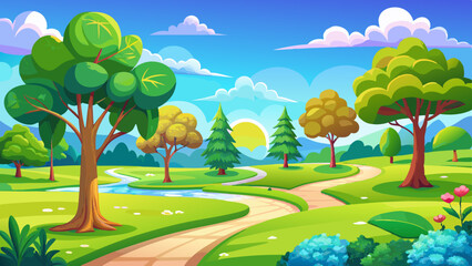 Naklejka premium Beautiful bright colorful summer landscape park with green grass field, trees against blue sky with white clouds and winding path on sunny day.