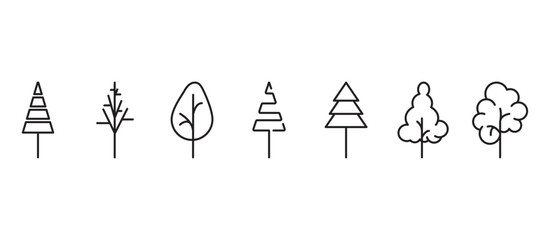 Tree thin line vector icons set. Collection of plant in linear icons. Side view, set of tree elements graphic outline symbols for design. Tropical vector illustration in transparent background.