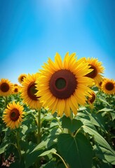 Fototapeta premium Vast sunflower field under a vibrant blue sky, design, sunflowers, floral