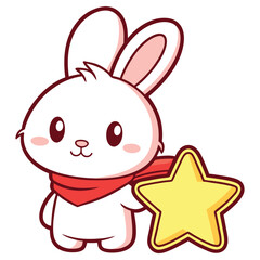 Cartoon Bunny with Red Scarf Holding Yellow Star on White Background