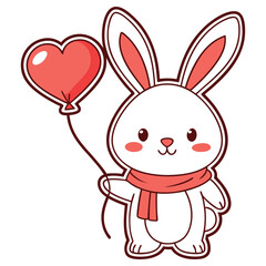 Cute Cartoon White Rabbit Holding Heart Balloon with Scarf on Transparent