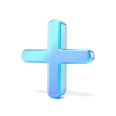 Obraz premium A vibrant, translucent blue plus sign symbolizing growth, positivity, and addition, rendered with a glossy, three-dimensional effect against a stark white background.