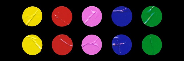 Big set of colorful glossy paper circles with creases, isolated blank round sticker on black background