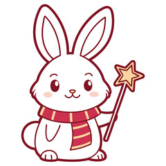 Cute White Cartoon Rabbit with Scarf and Star Wand on White Background