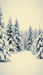 Fototapeta premium Vintage-style snowy winter scene, snow-laden fir trees, idyllic landscape, graphic, peaceful, nature