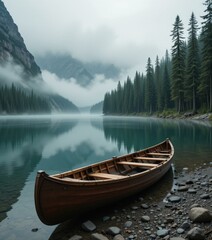 Obraz premium Tranquil Wooden Canoe Calm Lake Misty Mountains Evergreen Trees - Serene Nature Escape Travel Adventure Marketing
