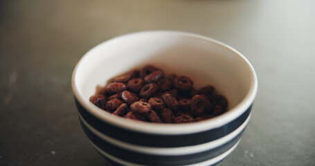 Kitchen counter, bowl and cereal in morning for breakfast, nutrition and fiber for meal on table. Food, home and closeup of chocolate porridge for vitamins, protein and wellness for snack in house