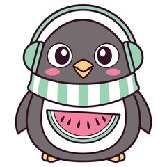 Cartoon Penguin Wearing Headphones and Scarf with Watermelon Design on Body