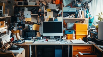 A cluttered desk with computer and various disorganized items on shelves
