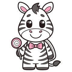 Cartoon Zebra Holding Lollipop with Pink Bow Tie Isolated on White Background
