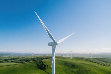 wind farm stretching across rolling hills with turbines gently spinning against blue sky showcasing sustainable energy