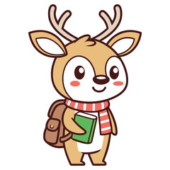 Cartoon Reindeer Character with Scarf, Backpack, and Book on Transparent Background